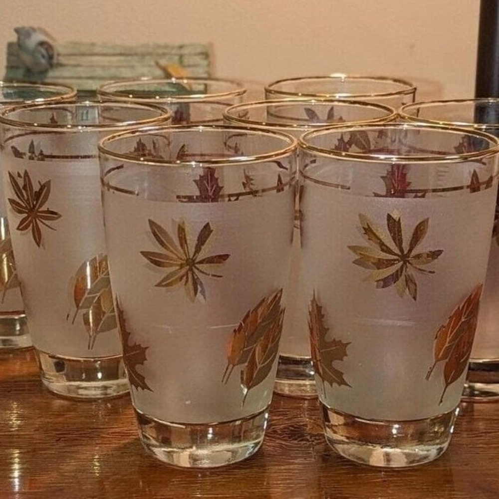 Vintage MCM Gold Leaf Libbey Frosted Tumblers Set of 4 Cocktail Glasses